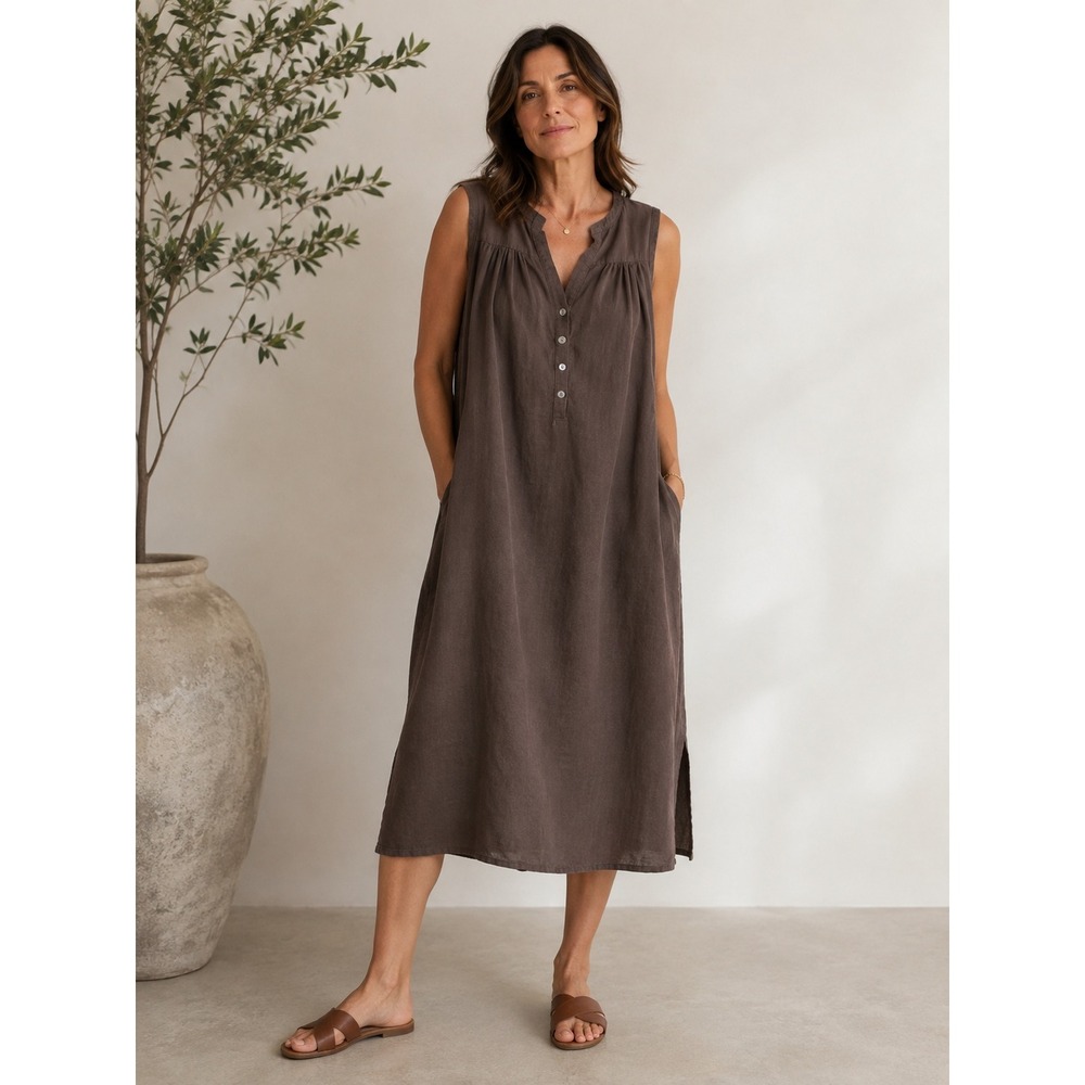 Allen Allen S Linen Shift Dress Brown Sleeveless Henley Pockets Boho Summer USA